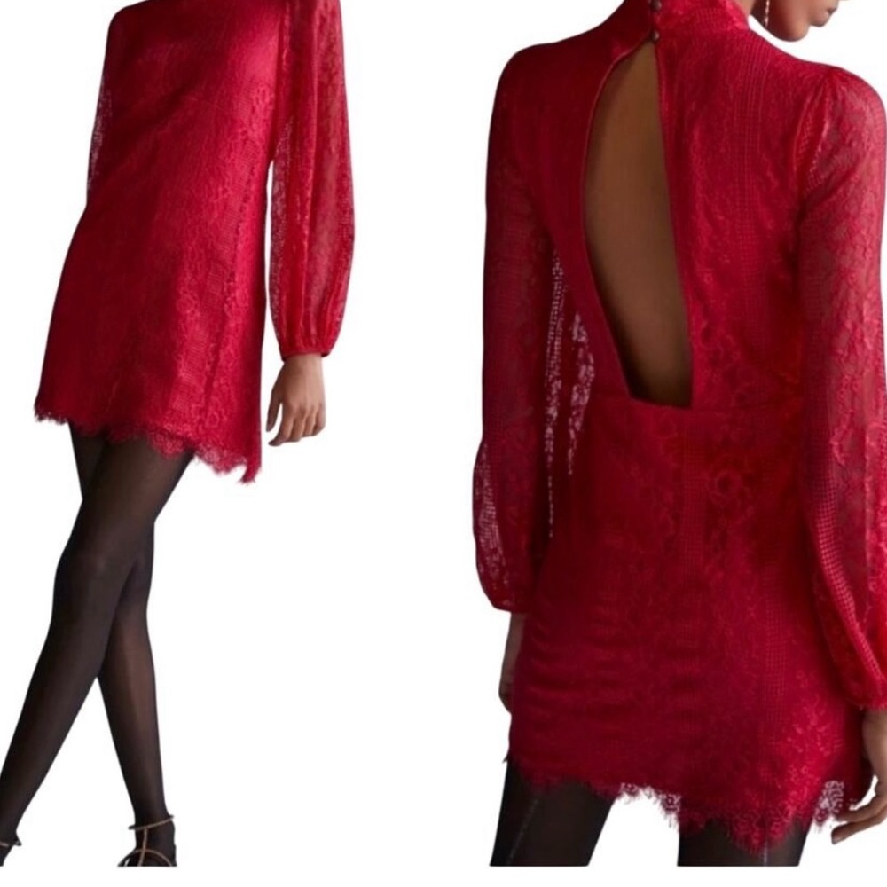 Maeve by Anthropologie Lace Mini Dress Women's Size 14 Red Open Back Lined